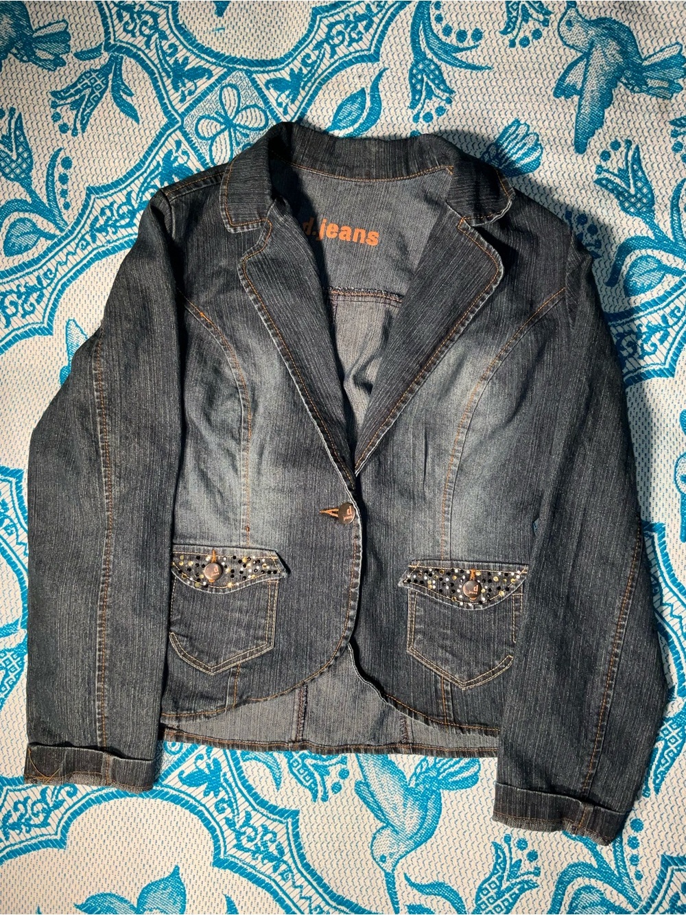 Y2K d.jeans Denim Blazer Jacket | Rhinestone Embellished Dark Wash Size M